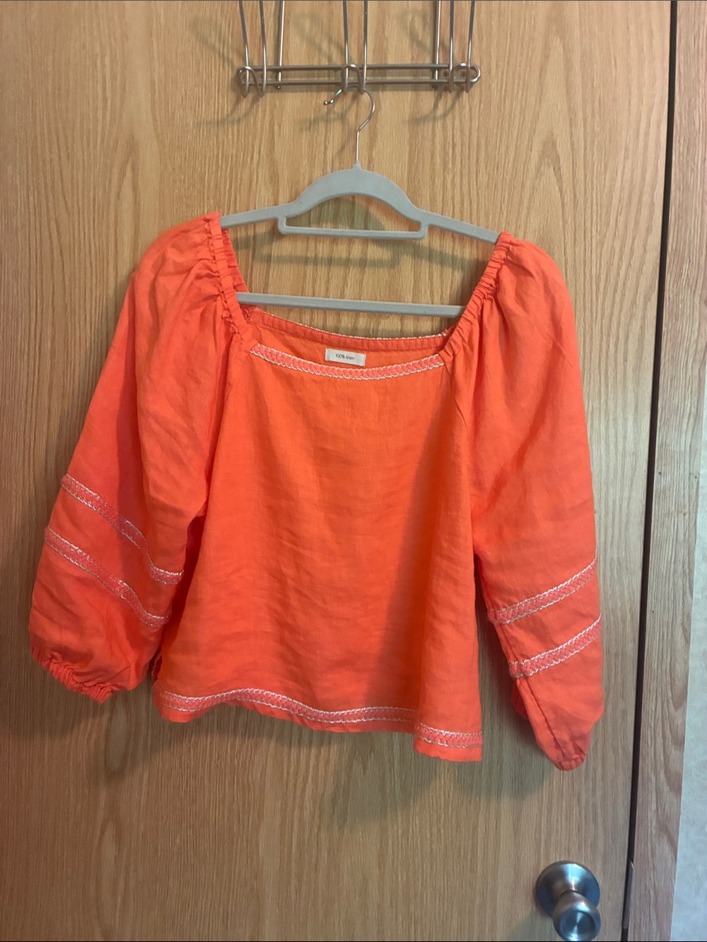 Women's Orange Peasant Blouse with Embroidered Trim